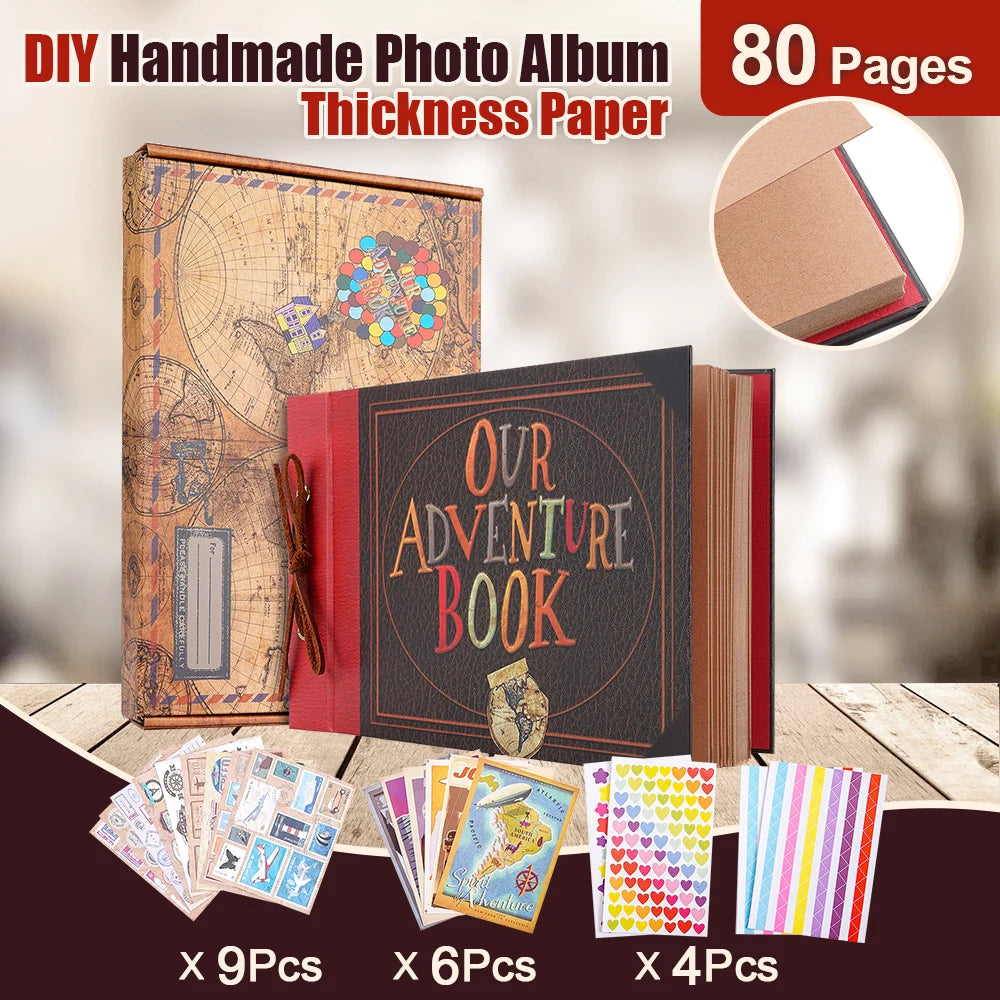 12Inch Scrapbook,Adventure Book,80 Page Photo Album,Retro Kraft Paper,Wonderful PhotoBook Birthday Christmas Gift  Friends Kids