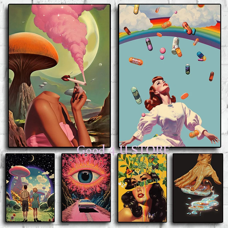 Retro Surrealism Space UFO Mushroom Psychedelic Trippy Weed Poster Canvas Painting Wall Art Pictures Home Room Decor