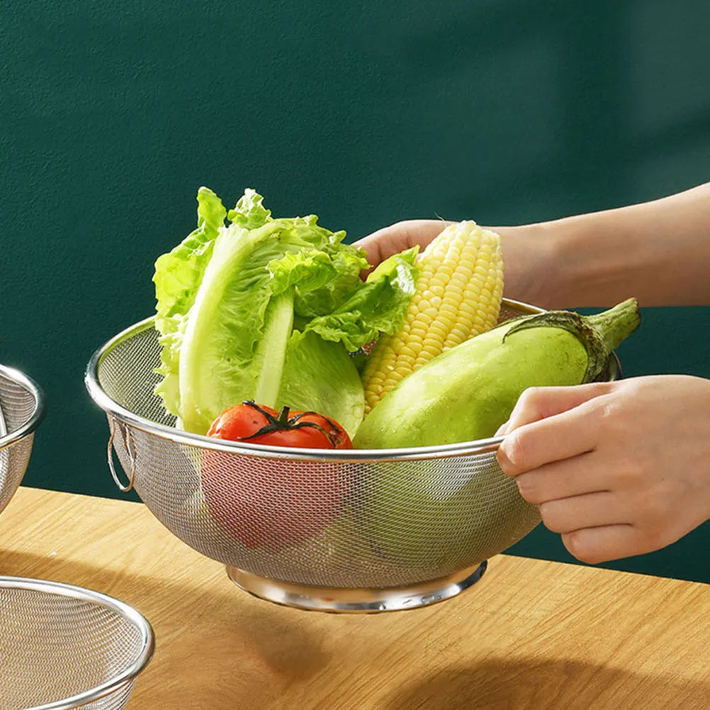 2pcs Stainless Steel Mixing Bowl Colander Rice Colander Basket Strainer Basket Vegetables Fruit Basket Washing Basin kicehn tool
