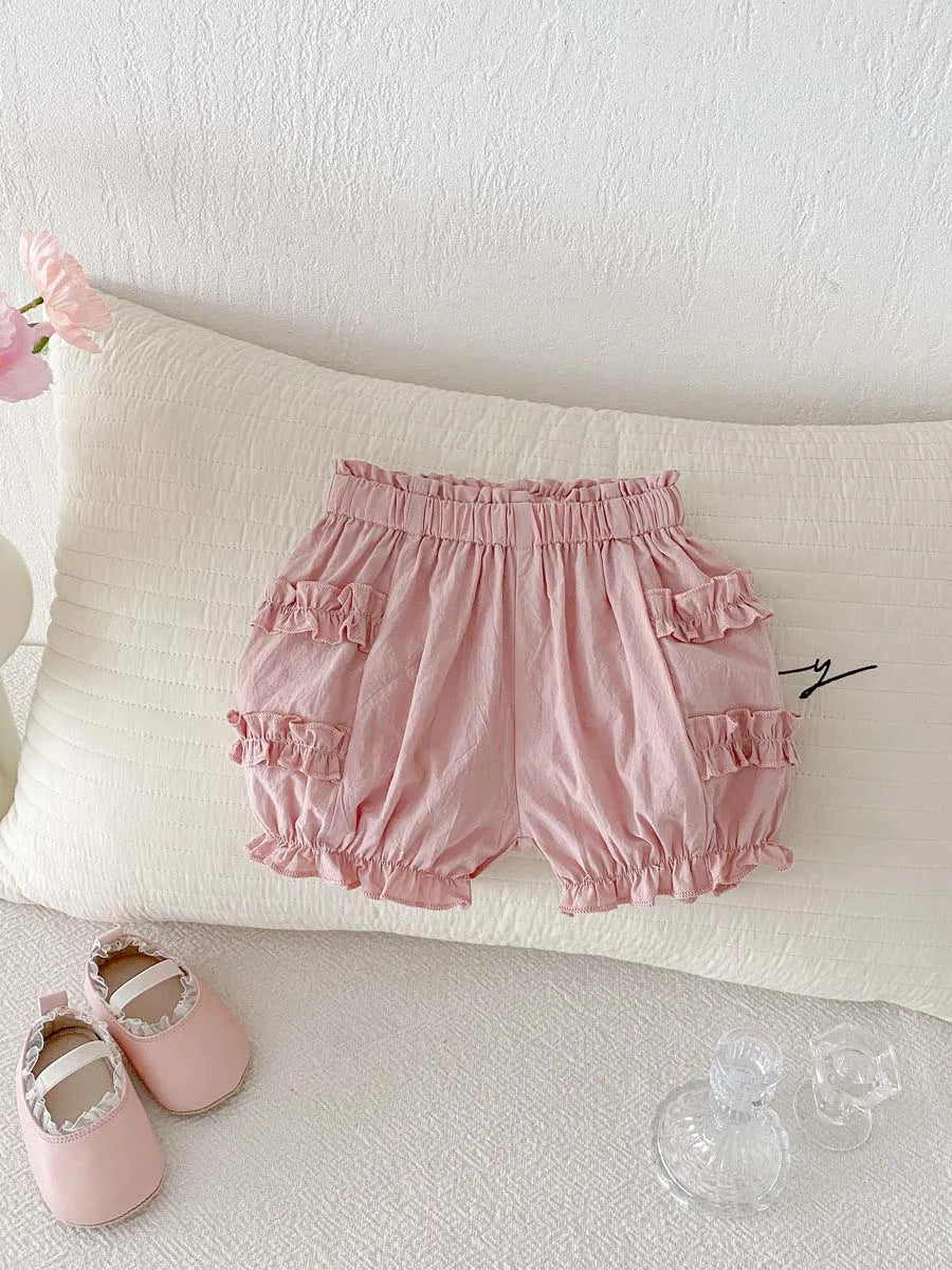 Summer baby girl thin cotton bud shorts, baby girl solid color wood ear sweet casual pants versatile, very suitable for home and