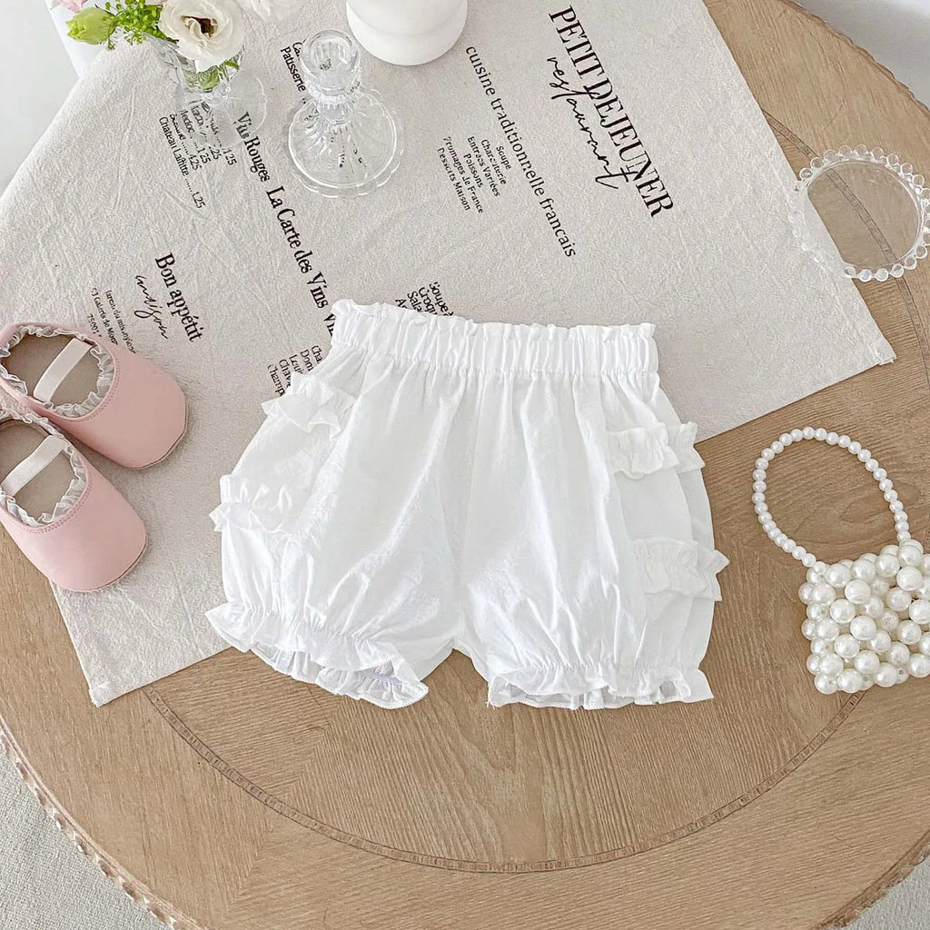 Summer baby girl thin cotton bud shorts, baby girl solid color wood ear sweet casual pants versatile, very suitable for home and